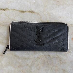 Saint Laurent Black Chevron Zip Wallet with Cream Trim